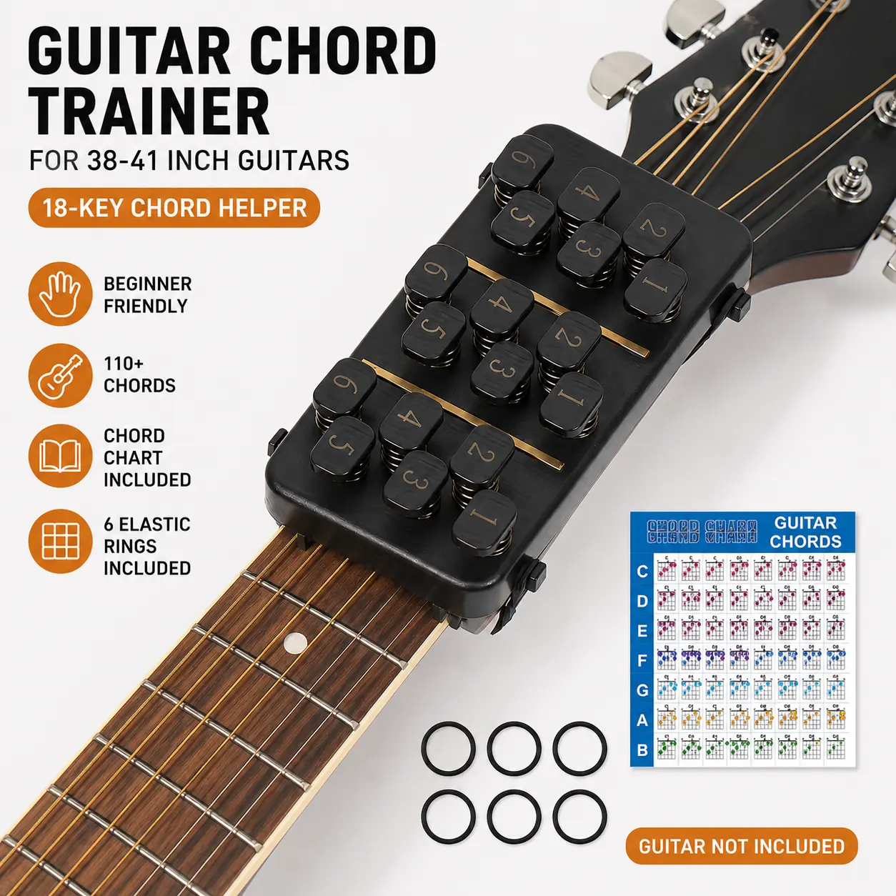 Guitar Chord Trainer For 38-41 Inch Acoustic Guitar, Capo-Style Chord Helper, 18-Key Beginner Guitar Learning Tool With Chord Chart