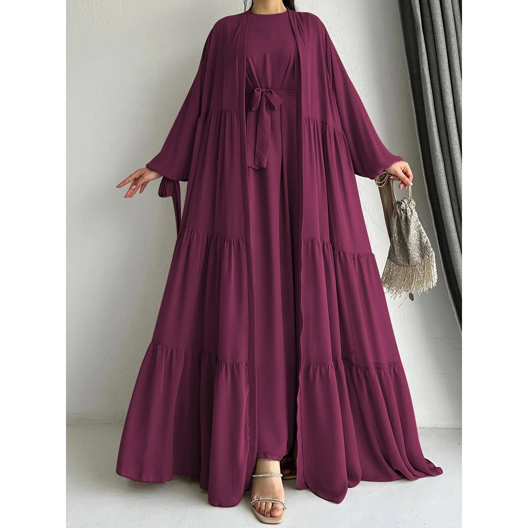 Stylish Crew Neck Long Sleeve Maxi Abayas Dress - Elegant Ruffle Hem, Micro Elastic Polyester Fabric, Machine Washable, Solid Color, Middle East Style - Womens Clothing for All Seasons