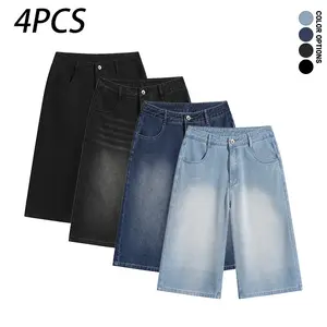 Pack of 4 men’s casual retro loose denim capris—washed distressed finish with pockets; can be worn with a belt for a casual sporty look.