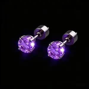 Trendy 2026 Jewelry Glow in The Dark Purple CZ Stud Earrings for Women Hypoallergenic 316L Stainless Steel Screw Back Luminous Round Cut Amethyst Color Cubic Zirconia Dainty Gemstone Cartilage Earrings Perfect for Everyday Wear and Special Gifts