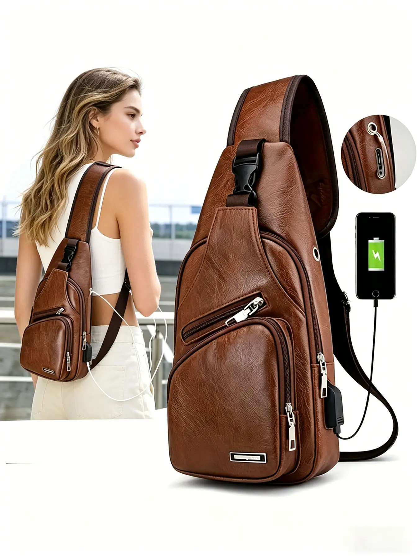 Men's Vintage Brown Leather Sling Crossbody Bag with USB Charging & Headphone Port, Multi-Pocket Adjustable Chest Pack for Cycling, Stadium Games & Live Concerts, Hands-Free Everyday Carry, Versatile Bag, Multifunctional Chest Bag