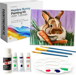 DIY Meadow Bunny Acrylic Painting Kit with Video Tutorials - 9pc Art Set for Adults and Beginners