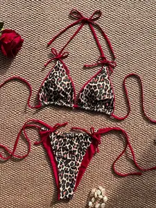 Swim SXY Summer Leopard Print Bowknot Front Halter Spaghetti Strap Bikini Swimwear Set For Women - Bold & Stylish Design