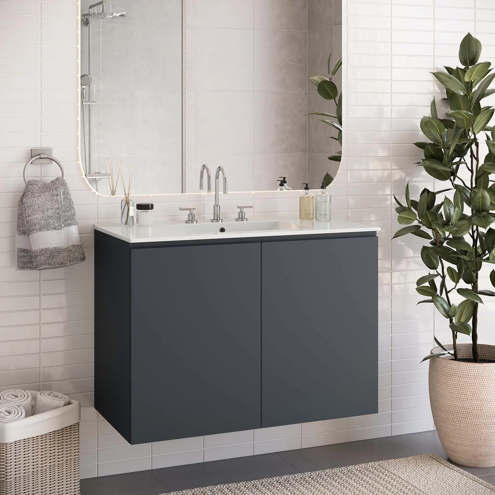 Modway Bryn 36" Wall-Mount Bathroom Vanity with Bathroom Storage Cabinet, Gray-White Finish