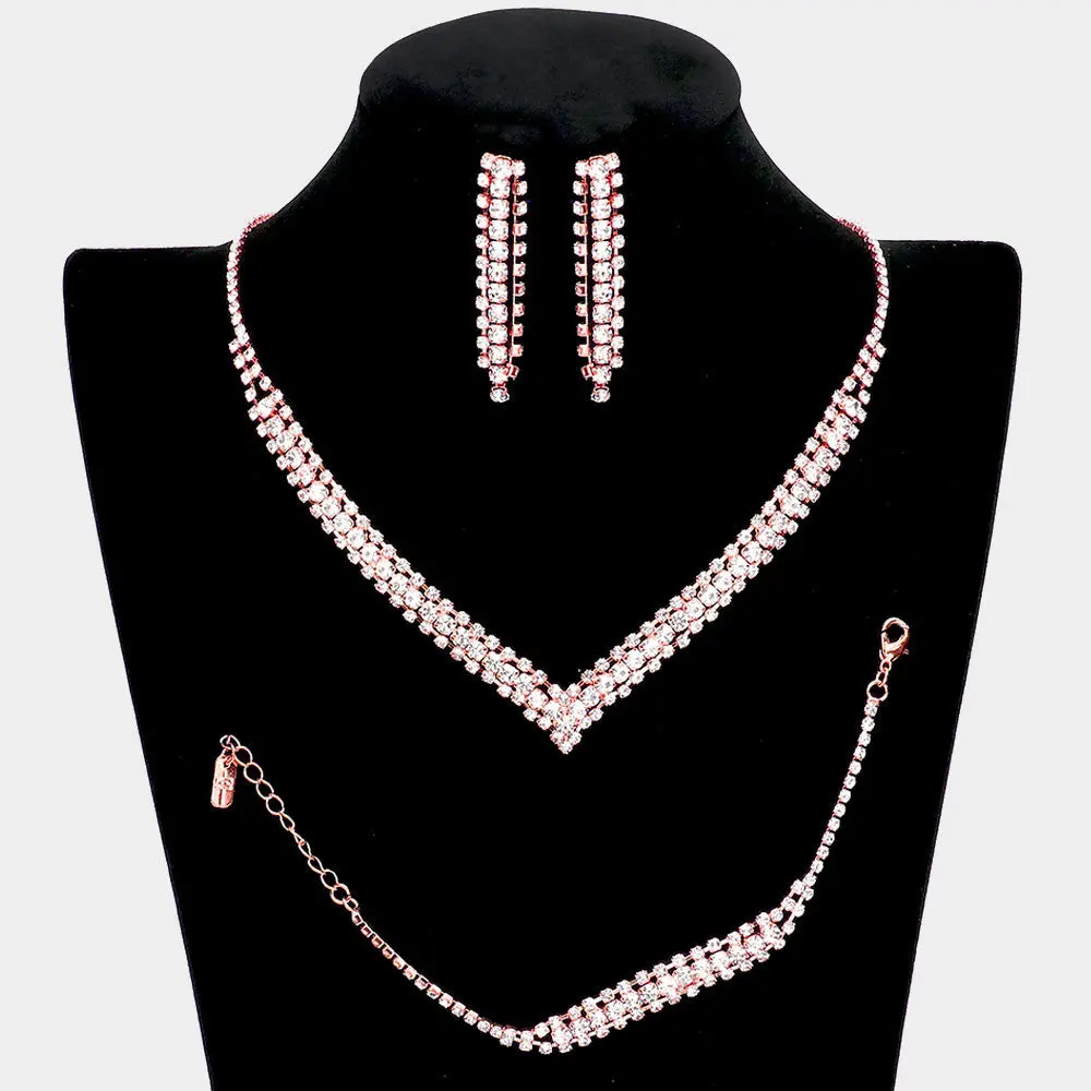 3 Piece Clear Rhinestone Necklace Set on Rose Gold| Homecoming Necklace | Homecoming Jewelry | 536772