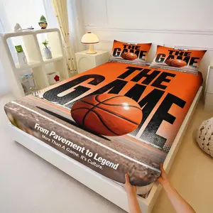 Sporty Basketball Text Printed Fitted Sheet Set, Includes 1 Fitted Sheet & 2 Pillowcases without Filler, Orange base with vintage basketball & slogan, energetic, passionate, soft and skin-friendly.