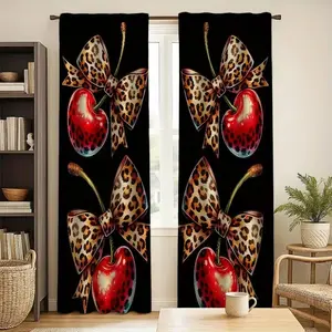 Fashionable Leopard Print Bow Cherry Curtain Set, Room Decor Curtain, Easy Installation for Bedroom & Living Room, Comfortable Atmosphere for Coffee Shop & Office