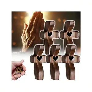 A set of 3 "Heartfelt Promise" small wooden crosses, an encouraging gift, handheld miniature crosses, includes a mesh bag, perfect for stress relief, prayer, church events, birthdays, and graduation ceremonies.