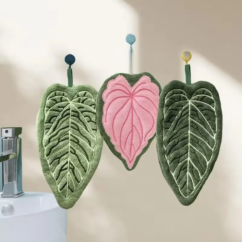 3-Pack Coral Fleece Hand Towels, Towel Set, Leaf Design, Hanging Convenient, Hangable, Super Absorbent Quick Dry, Soft Cute, Kitchen Bathroom Hand Towels, Quick Drying Absorbent