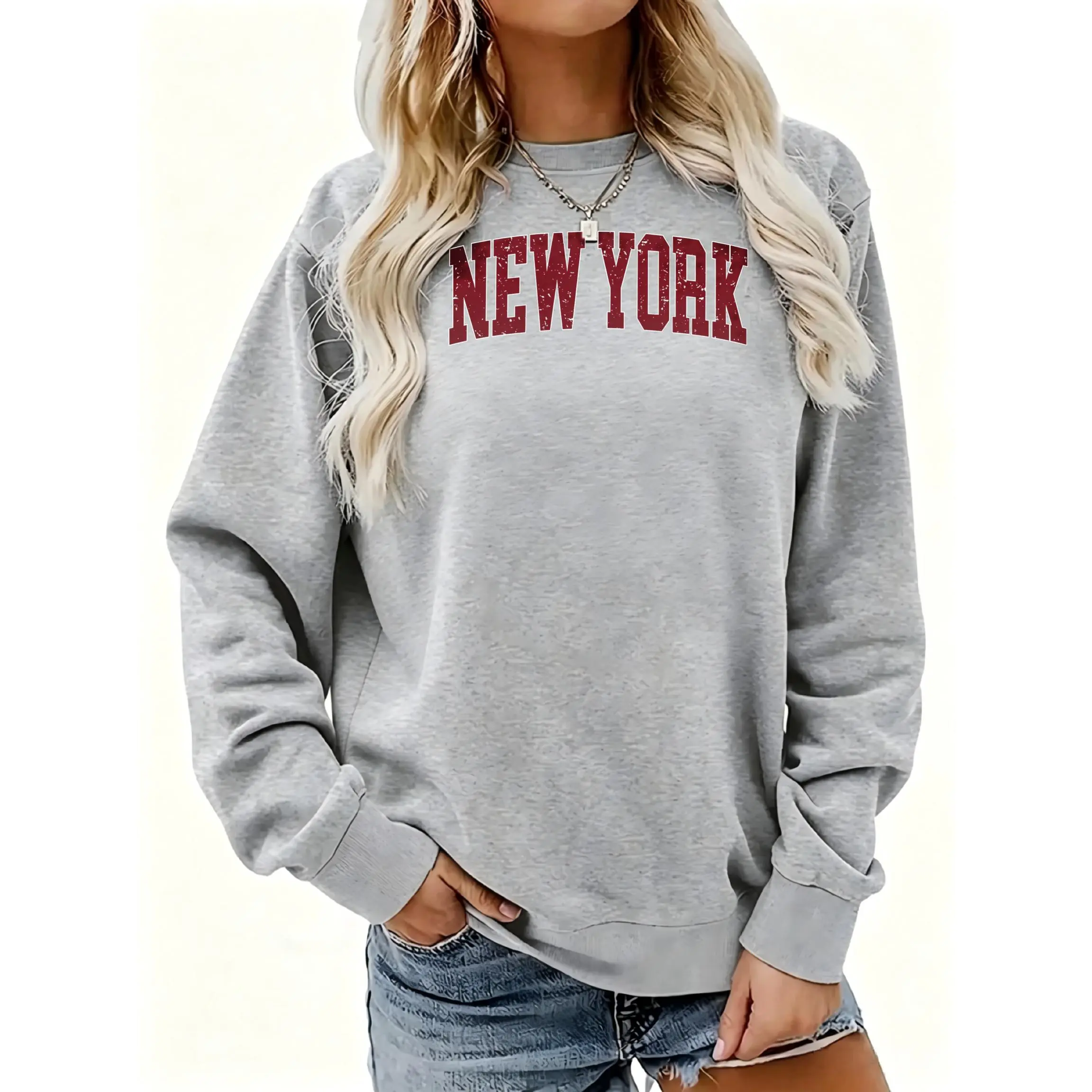 Women's New York Letter Print Sweatshirt Crewneck Sweatshirt | Soft Stretchy Long Sleeve Pullover | Cozy Fall Layering Essential For Casual Daily, Office & Streetwear Looks