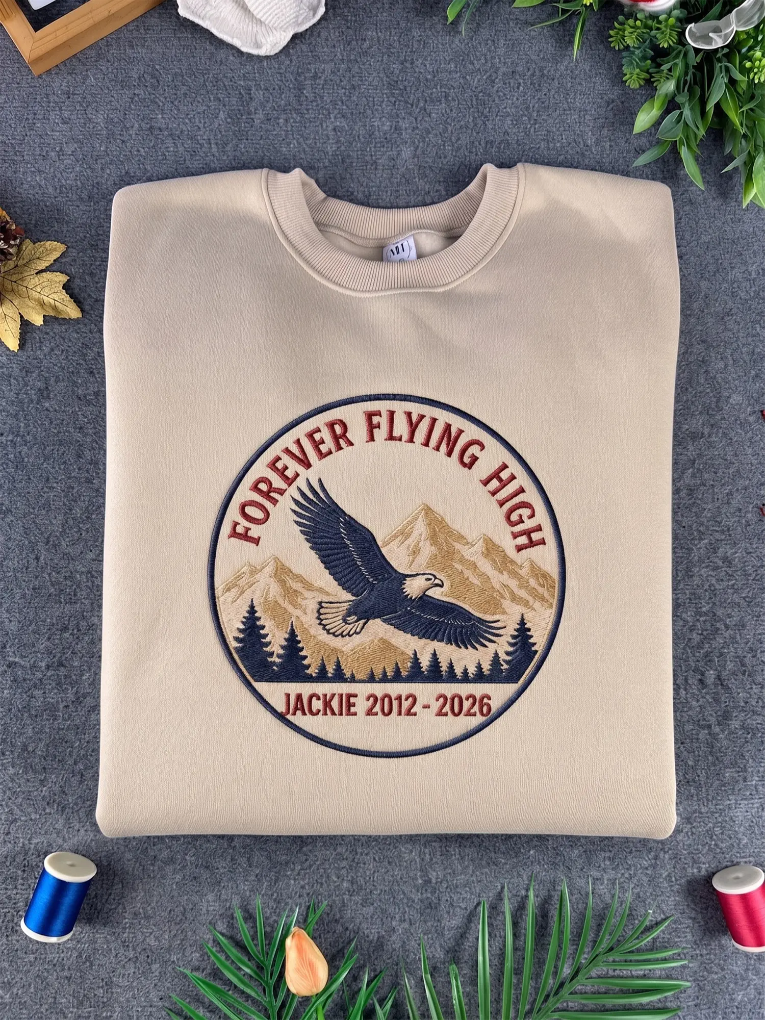 Big Bear Eagle Memorial Sweatshirt, Embroidered Forever Flying High Jackie Crewneck, Bald Eagle Mountain Tribute, Wildlife Gift