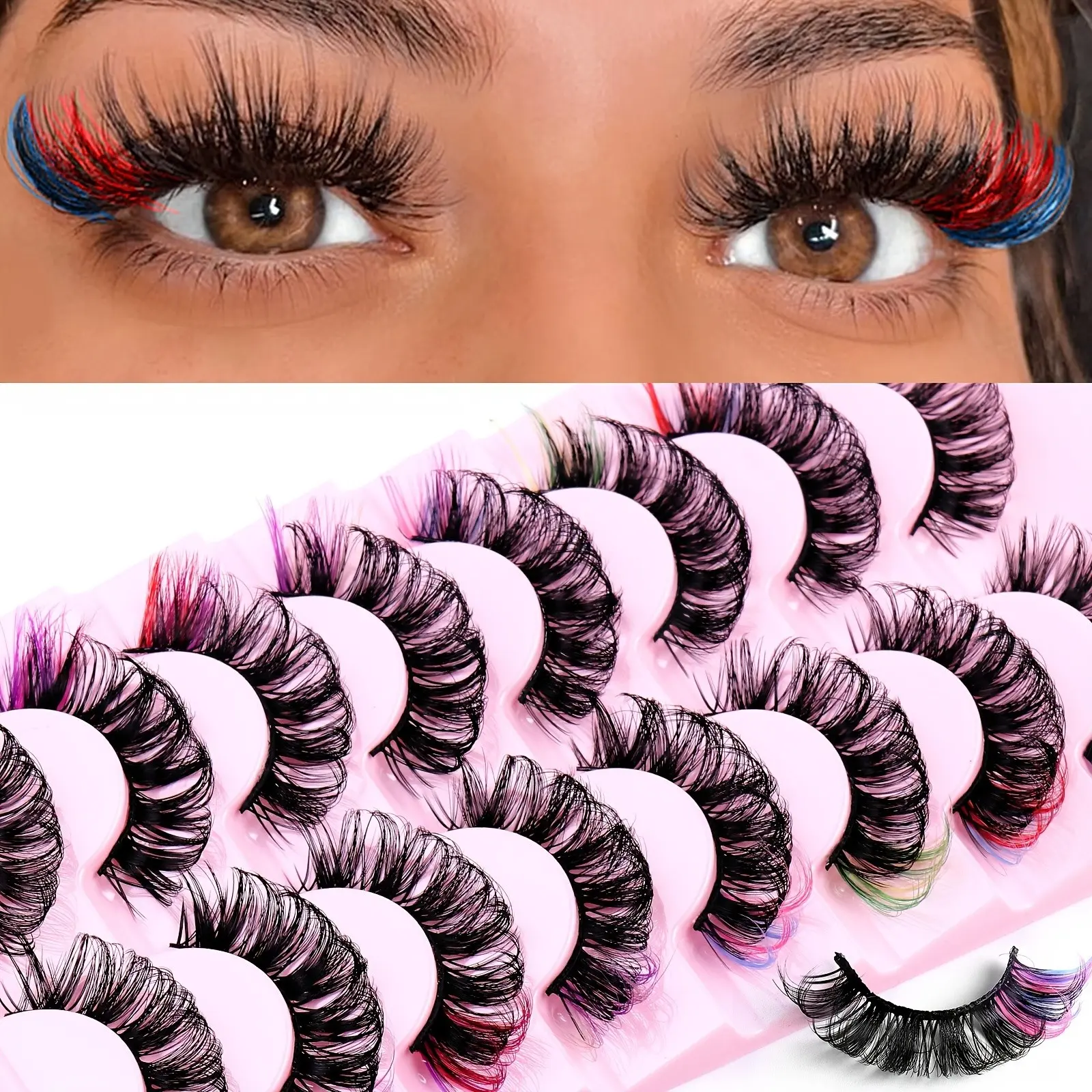 8 pairs of colored false eyelashes, D-roll mink eyelashes, natural appearance, fluffy eyelashes, fine stripes eyelashes