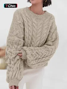 Women's Cable Knit Crew Neck Lantern Sleeve Pullover Sweater, Autumn/Winter Loose Fit Chunky Warm Cozy Fashion Solid Color Drop Shoulder Thick Sweater Top, Fall Outfit for Women, Women Winter Sweater, Knitwear