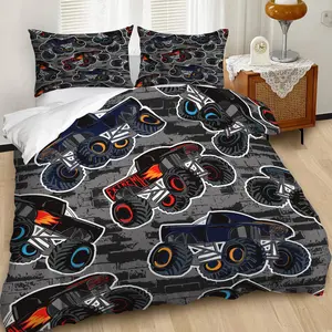 2/3Pcs Cool Monster Truck Duvet Cover Set, Vibrant Kids Flame Accent Bedding Set with Flame Decor, Perfect for Racing Themed Bedroom, Vibrant Design, Fun for Kids' Room Decor, Soft and Durable Fabric, Includes 1 or 2 Pillowcase - No filling/Zipper Closure