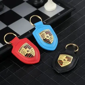 Leather Shield Emblem Car Keychain, Metal Luxury Key Chain for Porsche Cayenne Panamera Macan 911 718 Taycan Boxster Cayman 918