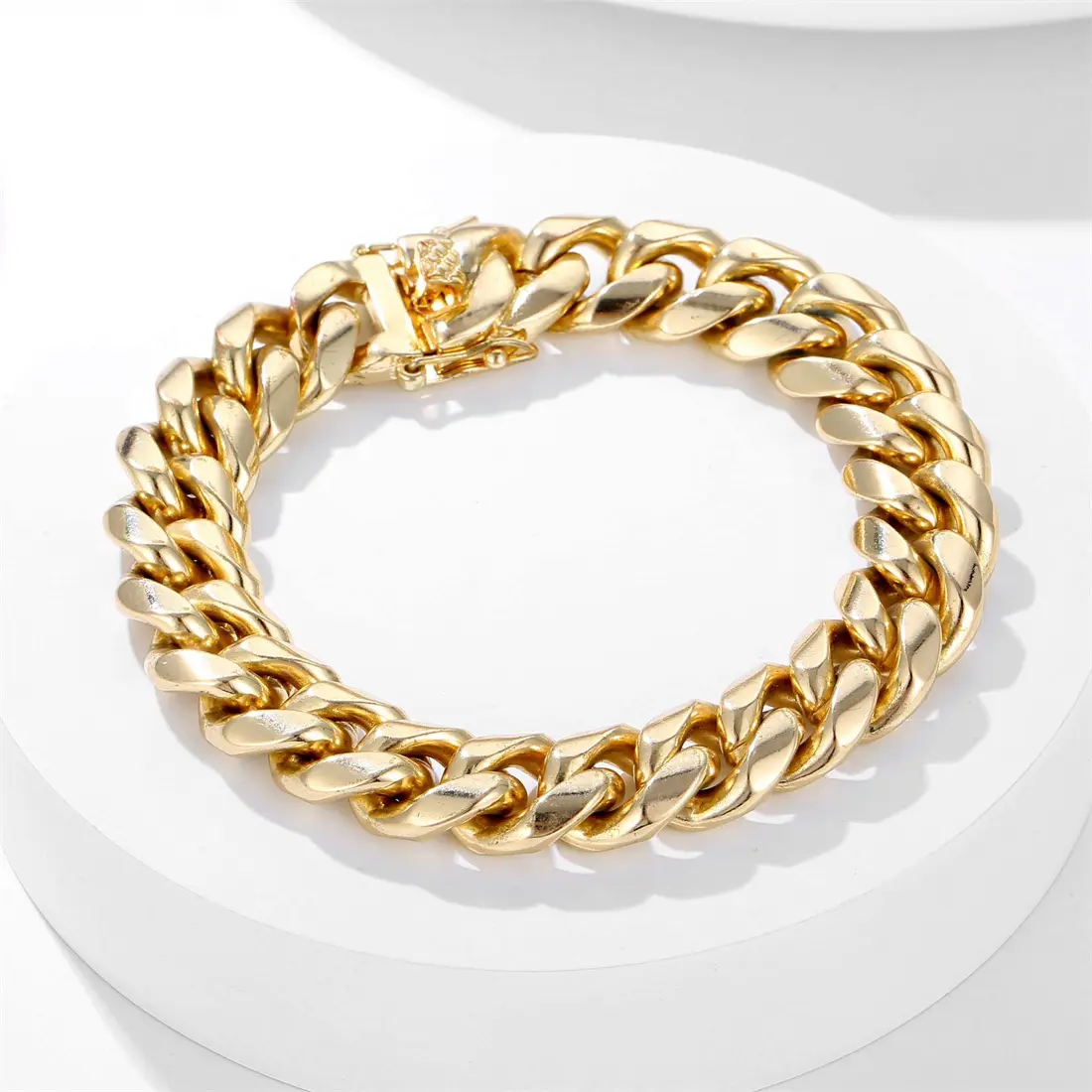Anti-Tarnish Encrypted Dragon Head Clasp 14K Gold Plated Cuban Link Bracelet - Heavyweight Polished Curb Chain, Hip Hop Wrist Chain for Men