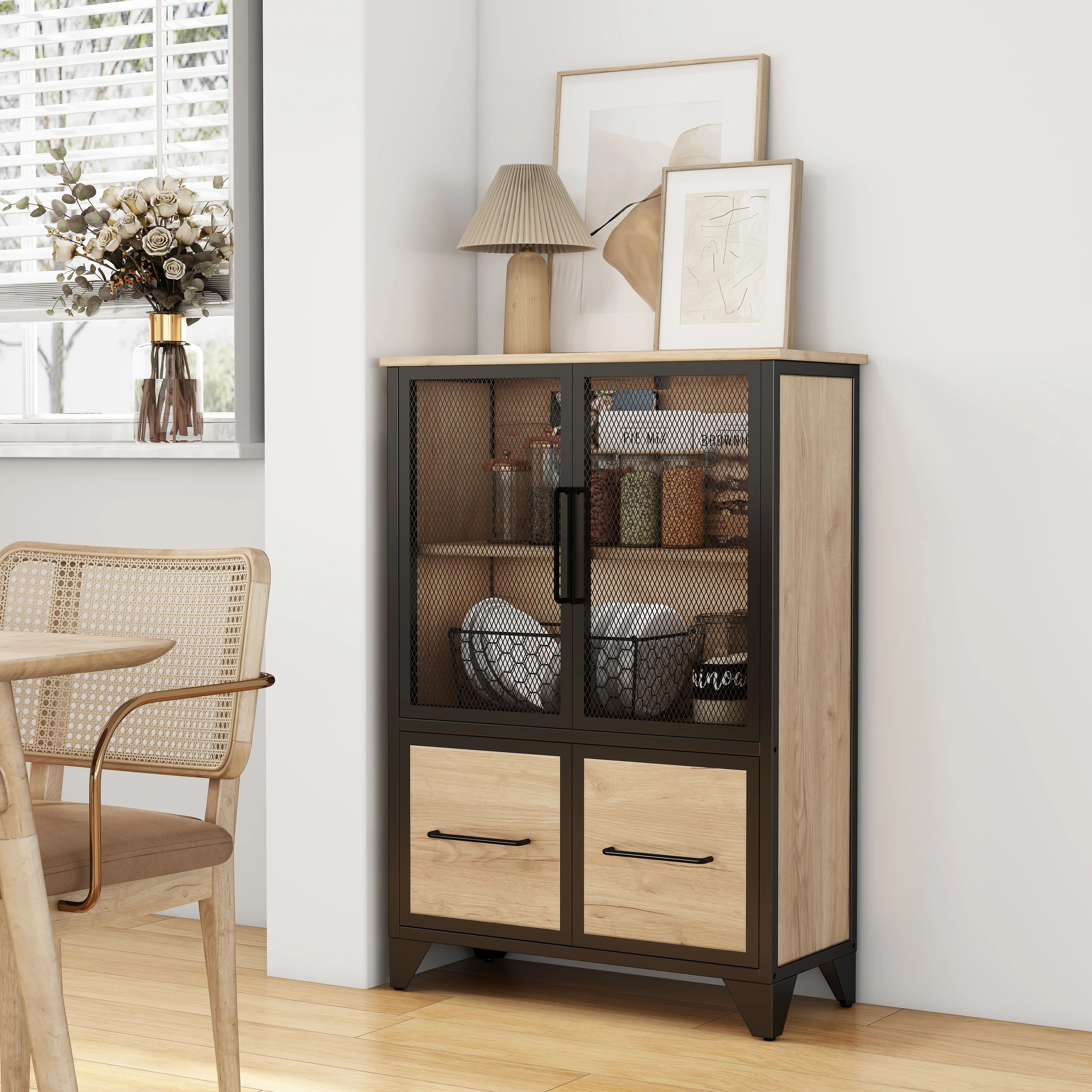 OPUL Modern Display Storage Cabinet,Storage Cabinet With 4 Iron Doors, Black Metal Handle, Sideboard With Adjustable Shelf, Black Sturdy Metal Frame and Metal Legs, Easy Assemble, For Living Room, Kitchen, Office, Black+Natural