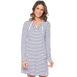Hoodie Cover-Up Dress with Pockets | White/Navy Stripe