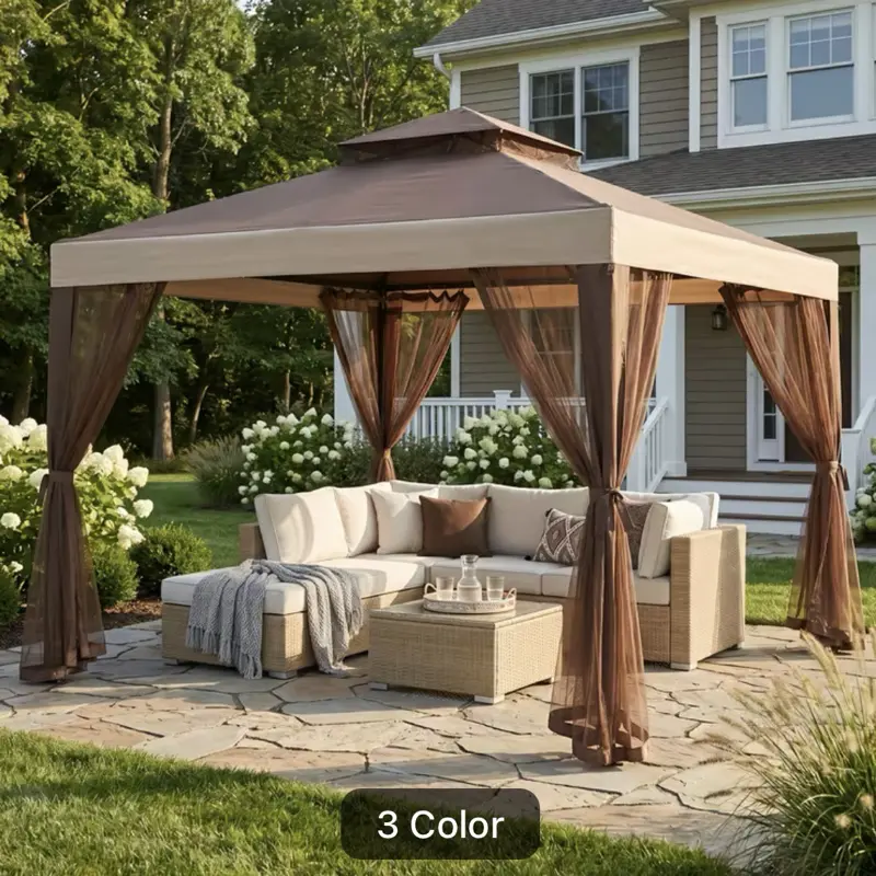 10x10 Outdoor Gazebo for Patio with Mosquito Netting & Double Roof Metal Frame Party Tent Shelter for Garden Deck Backyard Lawn 3 Color Options