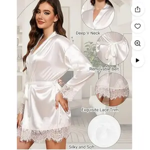 Silk Night Robe - Women's Gown with Deep V Neck, Removable Belt, Exquisite Lace Trim, Silky and Soft Fabric - Gowns, Womenswear Comfort Nightwear