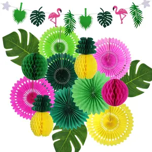 Tropical Party Set with Flamingo, Palm Leaf Banner, Paper Fans & Pineapple Decor – Ideal for Summer, Luau, Birthday, Beach, or Bachelorette Events