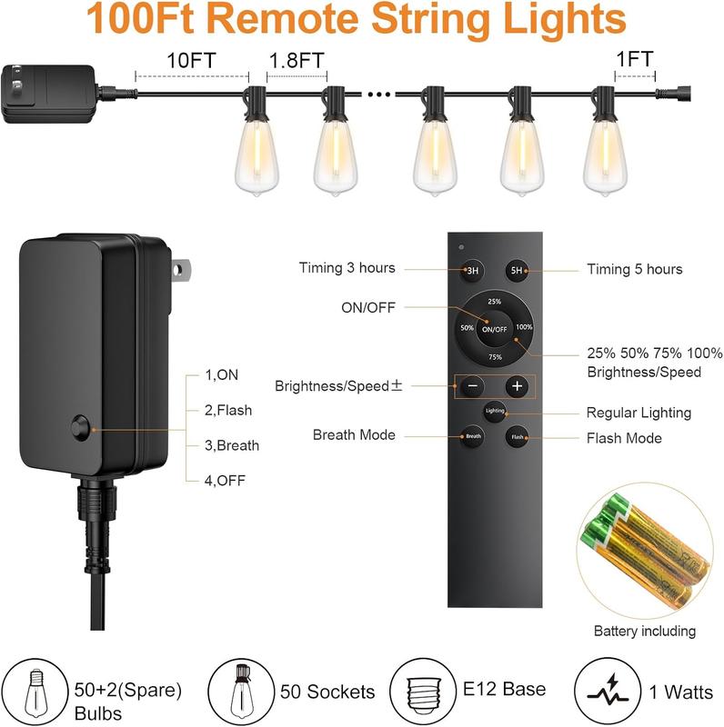 100FT Outdoor String Lights with Remote Included, Support Timer with 50 Shatterproof ST38 LED Edison Dimmable Bulbs, 2500K Warm White, Waterproof, Perfect for Backyard, Patio, Garden, Deck, Party and Xmas Decor #springtok Flexibility Customization