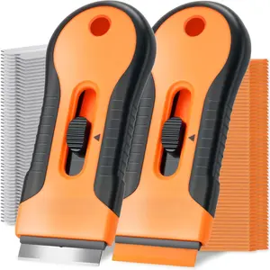 Razor Blade Scraper Tool, 2 Pack Razor Scraper Set with Extra 80Pcs Razor Blades -30Pcs Metal and 50Pcs Plastic Blades, Cleaning Scraper Tool, Cooktop, Paint, Glass Scraper