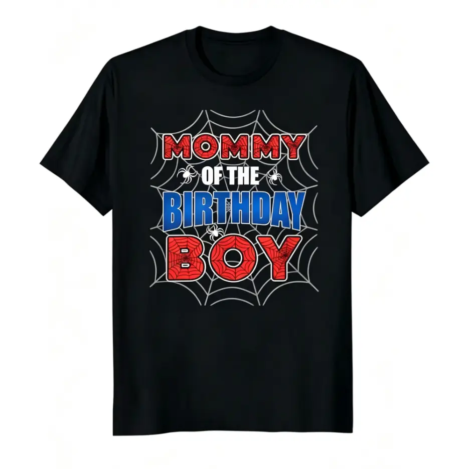 Women's Casual Short-Sleeve T-Shirt Top, Birthday Theme Mommy Spider Web Graphic, Crew Neck, Black with Red & Blue Accents, Lightweight Breathable Clothes for Casual Attire
