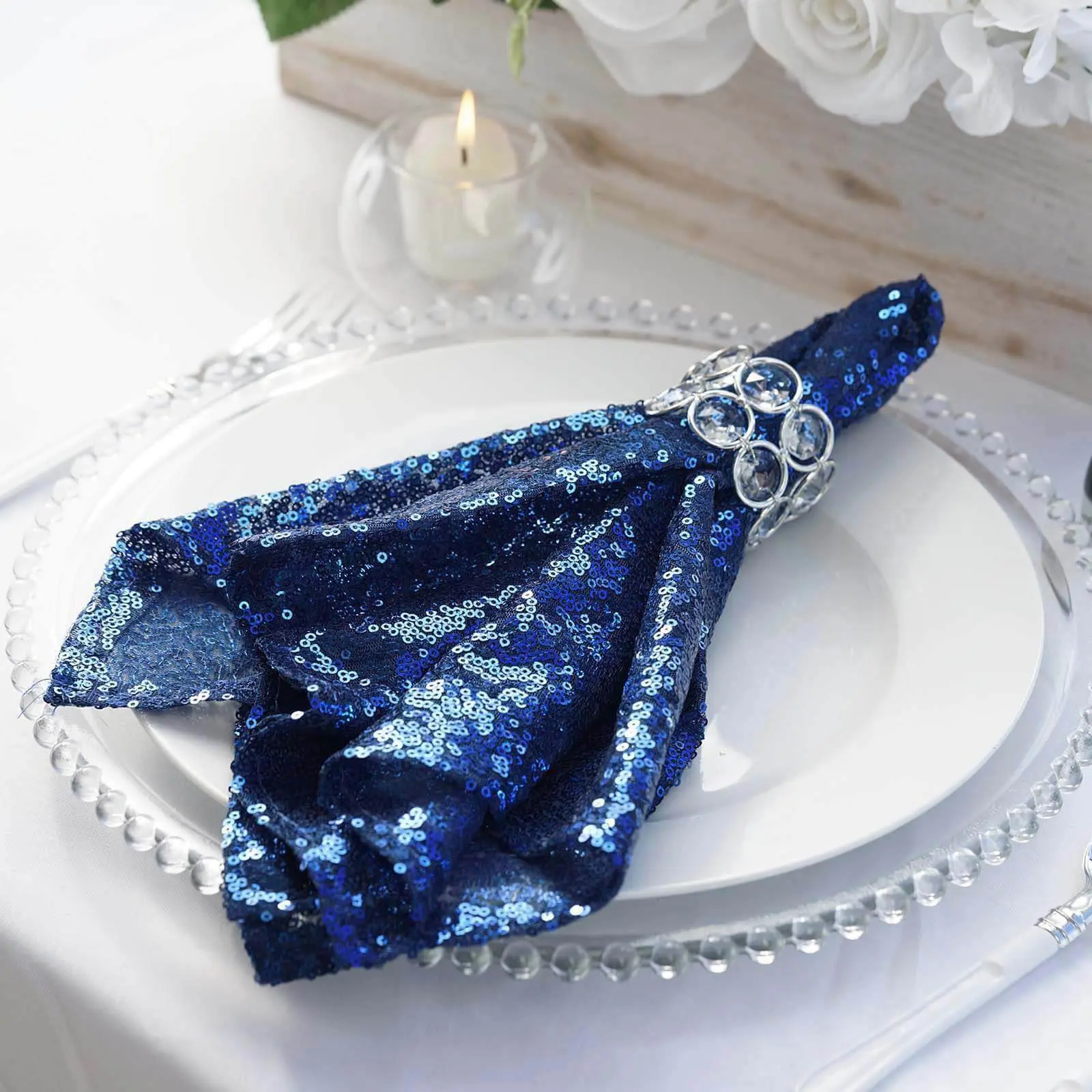 Sequin Square Cloth Napkins, 20"x20" Navy - Reusable Restaurant Tableware for Birthday, Wedding Events