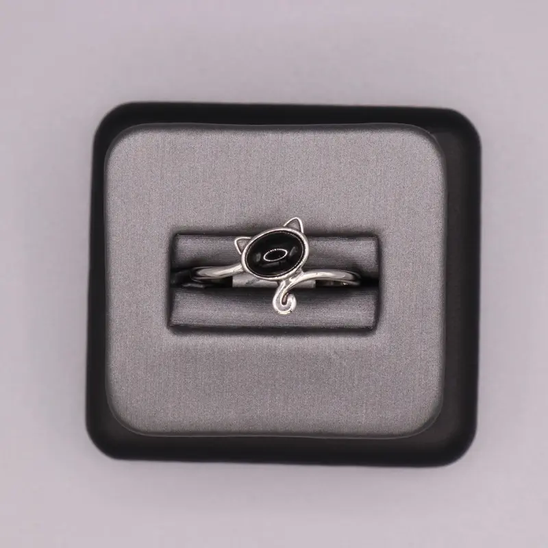 Sterling Silver Stone Ring - Onyx Cat Design