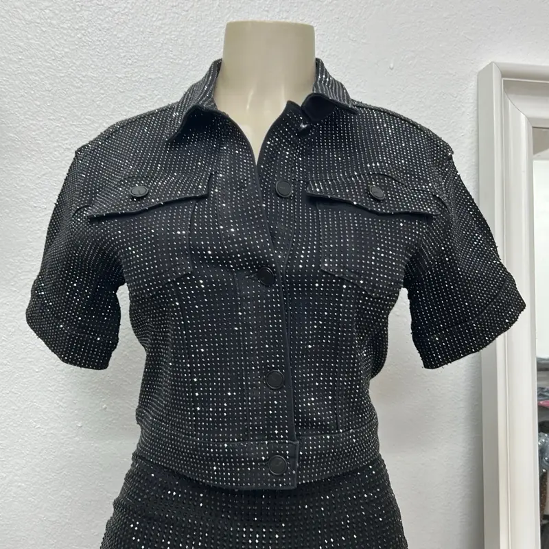 Dark Denim Jacket Adorned with Dark Rhinestones Stretchy Fabric  - Casual Womenswear with Sparkling Details
