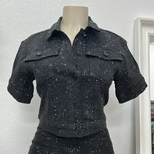 Dark Denim Jacket Adorned with Dark Rhinestones Stretchy Fabric  - Casual Womenswear with Sparkling Details