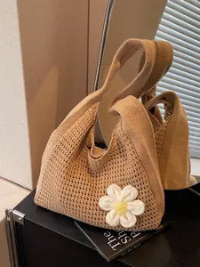 Women's New Large Capacity Hollow Out Flower Decor Handwoven Tote Bag, Portable Shoulder & Handle Carry, Ideal for Daily Use, Shoulder Totes