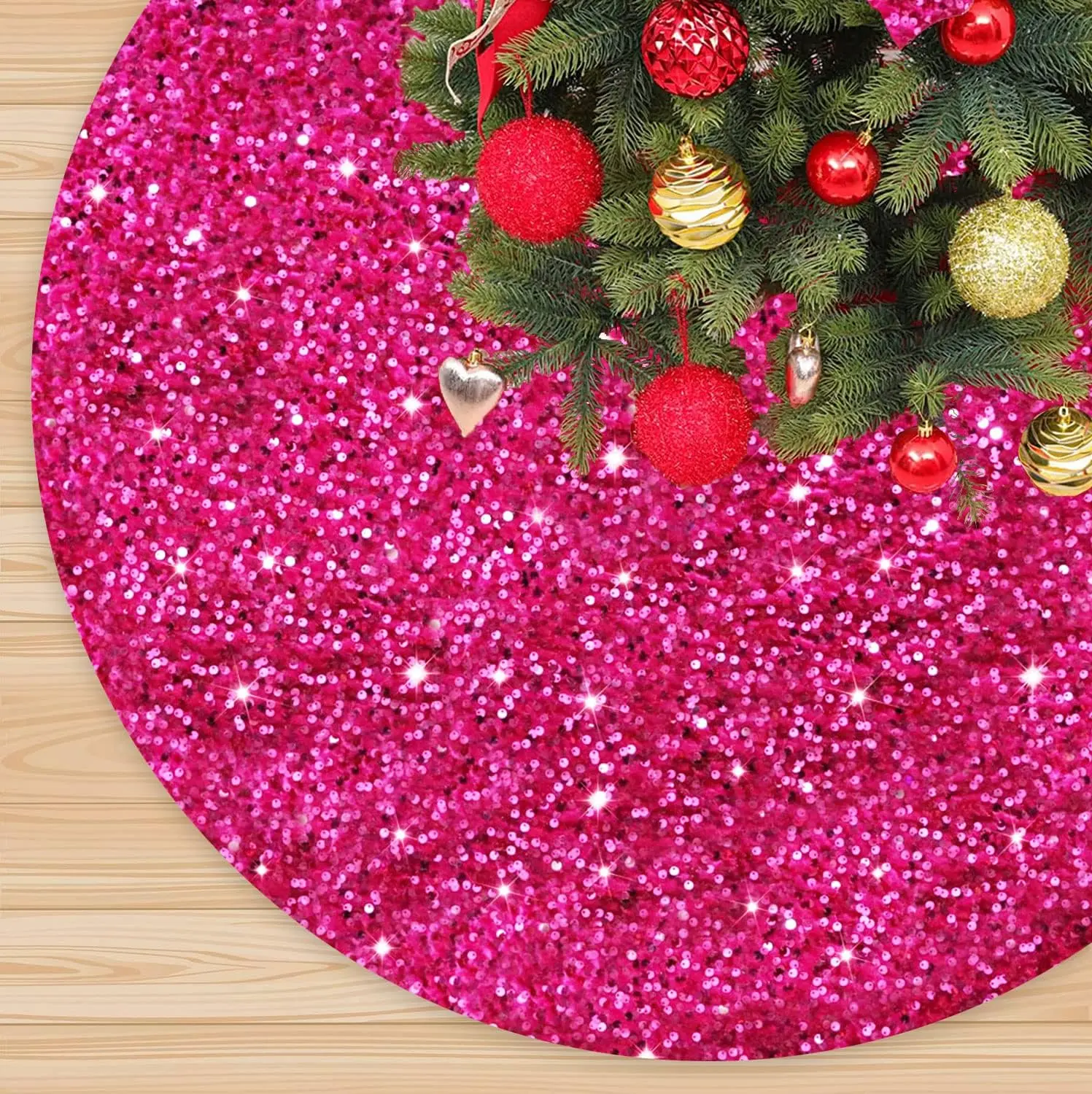 Hot Pink Christmas Tree Skirt 21 Inch Sparkle Sequin Christmas Tree Skirt Shimmer Xmas Tree Skirt for Halloween Holiday with Embroidered Tree Cover Skirt Shiny Tree Carpet Classic Tree Floor Mat