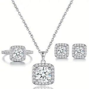 Cushion Halo CZ Jewelry Set - 3Pcs Necklace, Ring & Earrings, Elegant Minimalist Gift Set for Women & Best Friends
