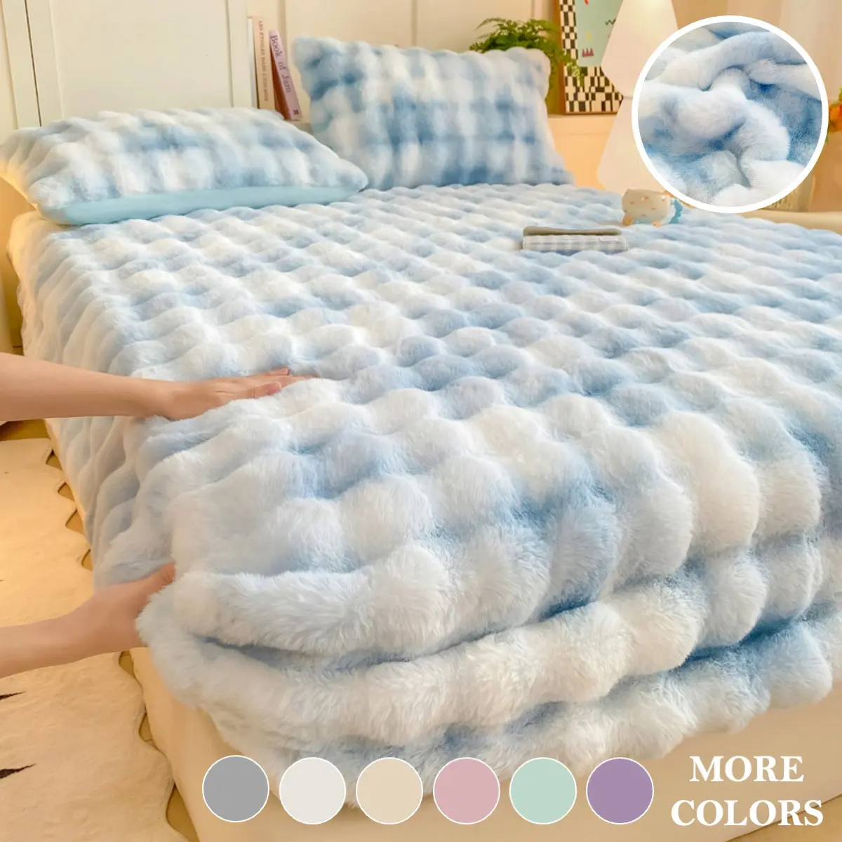 1PC Ultra-Soft Solid Color Faux Rabbit Fur Plush Bed Cover, Machine Washable with Elastic Band, Warm Light Beige, Fade-Resistant, Fitted Plush Bed Coverlet for Bedroom & Guest Room