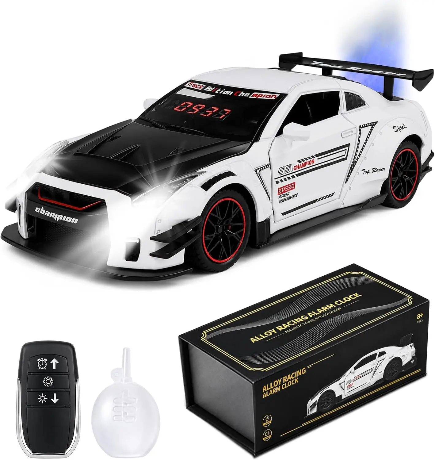 Champion Alloy Racing Car Alarm Clock - White-Black Design, Digital Display, Remote Control - Ideal for Car Enthusiasts, Racing Car Alarm Clocks