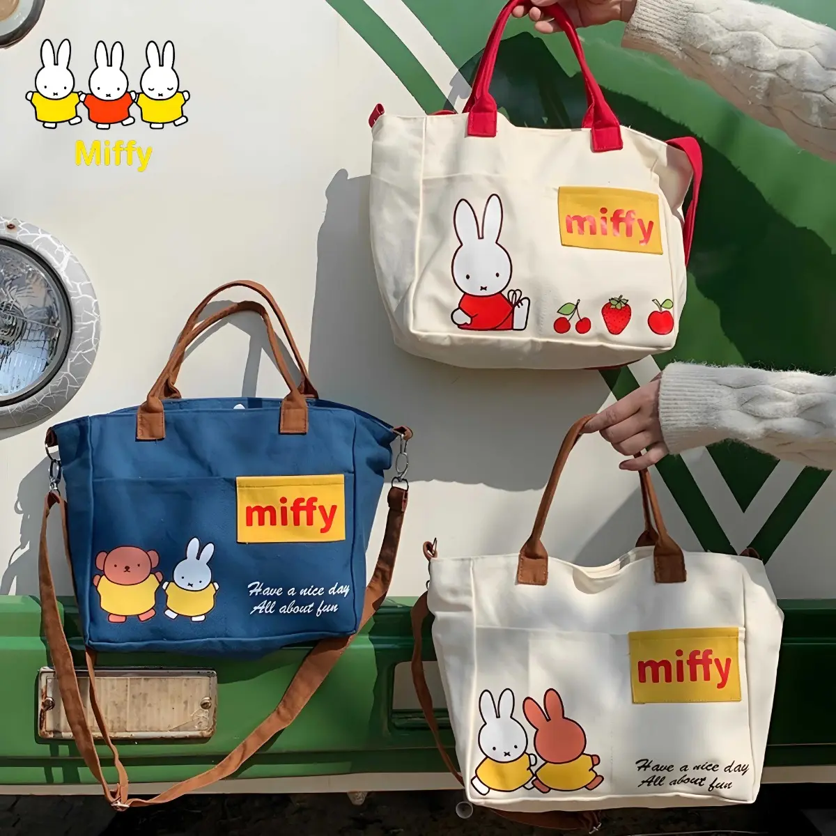 Kawaii Miffy Rabbit Tote Bag Cartoon Strawberry Japanese Style Large-capacity Canvas Bag Multi-functional Crossbody Handbag