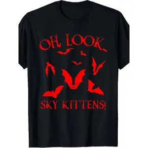 teen clothes Funny Bat Lover Gothic Horror T-Shirt for Men & Women - Oh Look Sky Kittens! Slogan with Red Bat Silhouettes - 100% Relaxed Fit Short Sleeve Round Neck Tee - Unisex Casual Wear & Halloween Part.jpgSame style for men and women 2025 summ