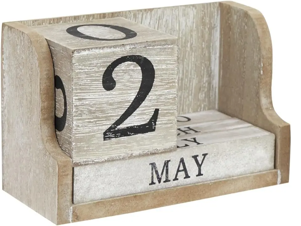 Wooden Perpetual Block Calendar for Desk, Rustic Farmhouse Office Decor, Desk Accessories