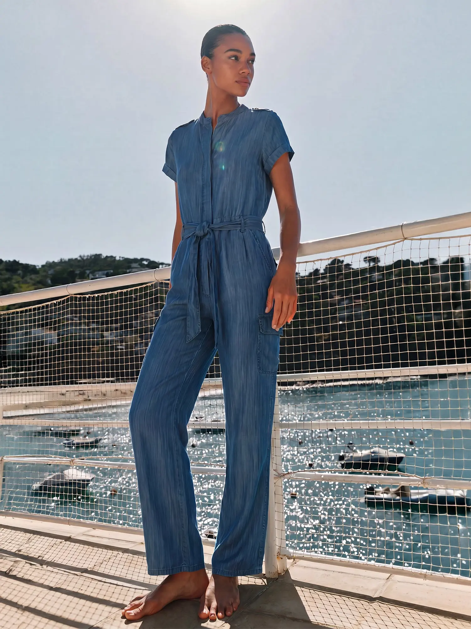 Short Sleeves Mandarin Collar Tencel Jumpsuit