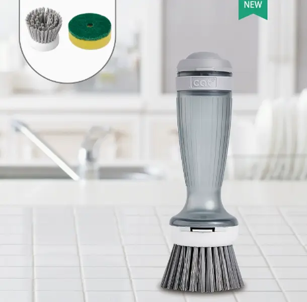 Multifunctional dish cleaning brush with replaceable bristle & sponge heads convenient soap release design for daily housework
