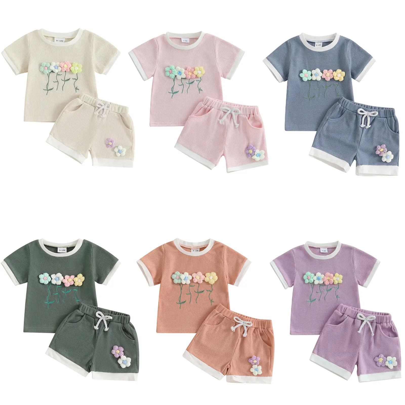 Toddler Girl Summer Waffled Knit Cute 3D Flower Short Sleeve Pullover T Shirt Tops Elastic Waist Shorts Outfit #Springtok