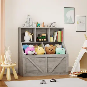 Washed Grey Kids Bookshelf & Toy Storage Organizer, Toy Shelf with Storage Cabinet & Book Display – Children's Organizer for Playroom, Bedroom, Nursery, Daycare or Living Room