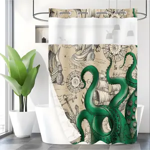 LVRLVR 1pc Vintage Nautical Octopus Pirate Print Shower Curtain with Sheer Top Window, Detachable Liner & No Hook C-Ring, 70.8" x 74"