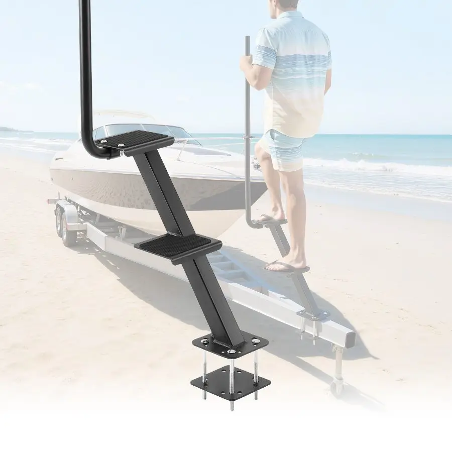 【Summerfinds】 2-Step Heavy-Duty Boat Trailer Steps, Carbon Steel Ladder with Handle, Non-Slip Surface, 3 Mounting Angle Options, Suitable for 3x3/3x5/4x4 Frames, Bottom Mounting, Two Stepsdealsforyoudays