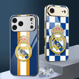 R-Real M-Madrid CF cool worlds top football teams logo soccer fans Phone Case For iPhone 17 16 15 14 13 12 Pro Max Plus Electroplated Metal Bumper Case Slim Tempered Glass Back Shockproof Anti-Scratch Luxury cover Fashion Durable Stylish Funda