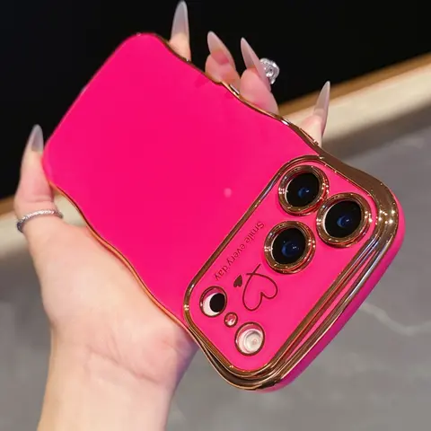 Women's Cute Wave Frame Curly Heart Pattern Protective Smartphone Case - Luxury Plating, Shockproof, Raised Camera Protection, Accessories for Women, Cute Phone Accessories for iPhone 13/14/15/16/17 Pro Max