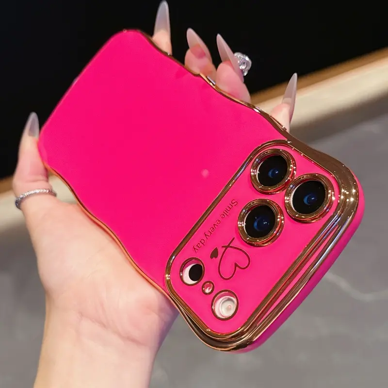 Women's Cute Wave Frame Curly Heart Pattern Protective Smartphone Case - Luxury Plating, Shockproof, Raised Camera Protection, Accessories for Women, Cute Phone Accessories for iPhone 13/14/15/16/17 Pro Max
