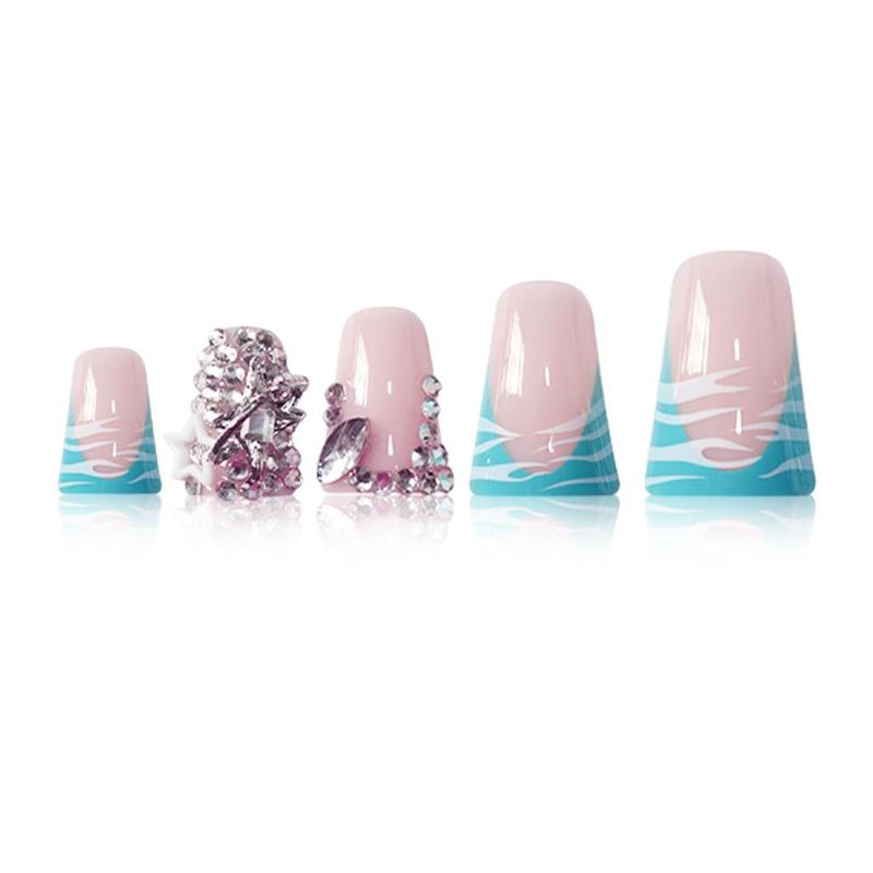 Bow Decor Fake Nails with Nail File & Tape, 24pcs Duckbill Shaped False Nails for Women & Girls DIY Nail Art, Effortless Pressed on Nails Manicure Set, Acrylic Nails, Icy Blue, Rhinestone Bow Decorated